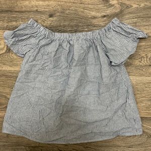 Blue and white stripes off the shoulder top